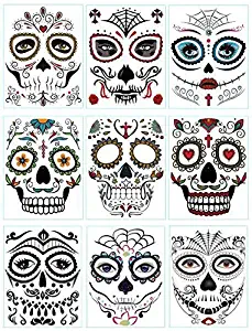 DaLin 9 Sheets Floral Day of the Dead Sugar Skull Temporary Face Tattoos for Halloween