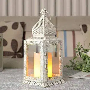 JHY DESIGN Decorative Lanterns 13" High Metal Candle Lanterns Vintage Style Hanging Lantern for Indoor Outdoor Events Parities Weddings (White with Gold Brush)