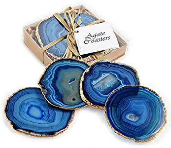 Set of 4 24k Gold Gilt-Edged Blue Agate Coasters