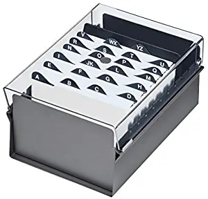 Acrimet 4 x 6 Card File Holder Organizer Metal Base Heavy Duty (AZ Index Cards and Divider Included) (Gray Color with Crystal Plastic Lid Cover)